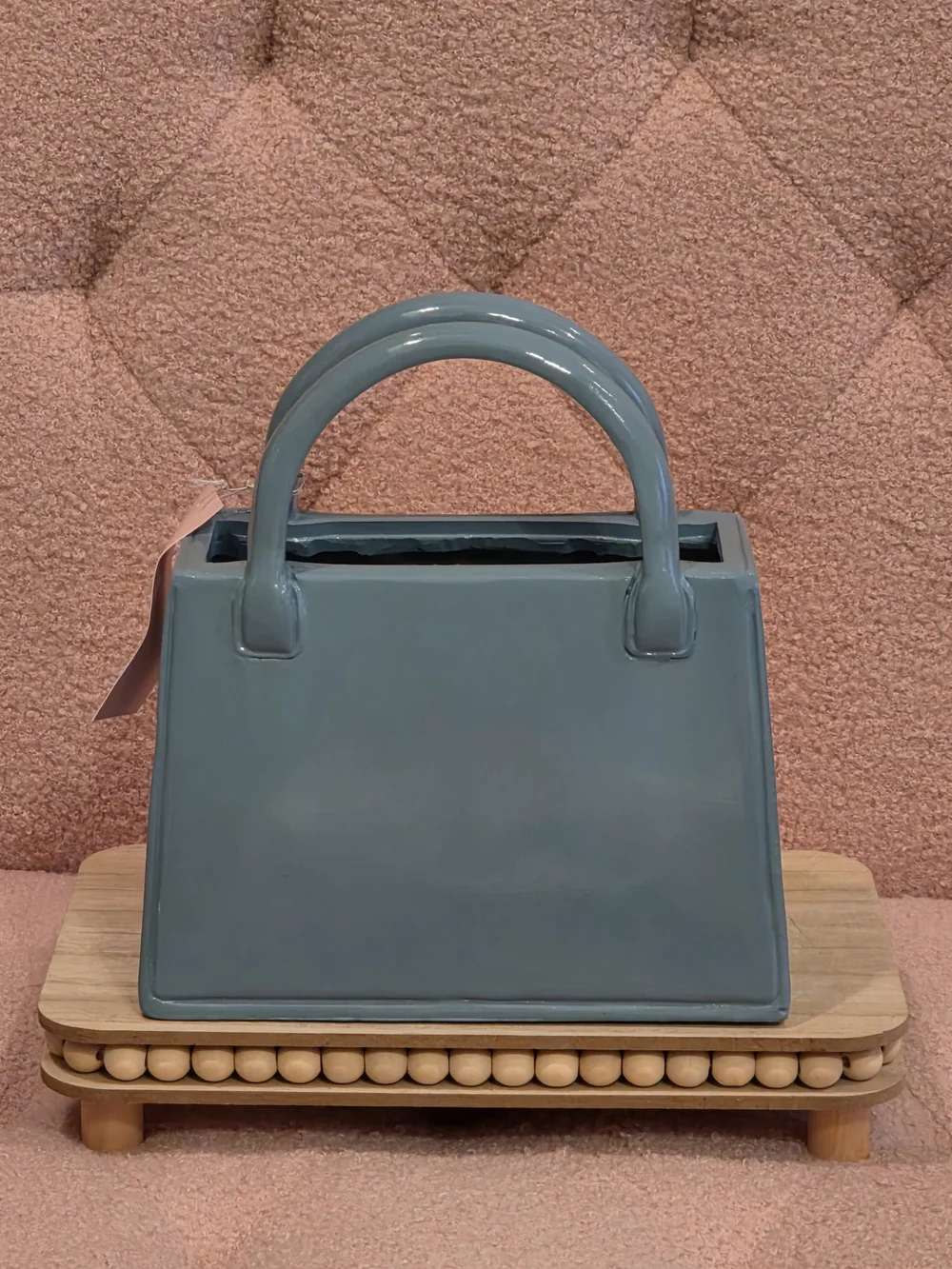 Blue Handbag with Pink Bow Accent Vase